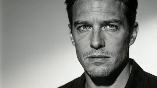 Camera rolling, male model shifting gaze, clenching jaw for portrait in studio, dark collared shirt