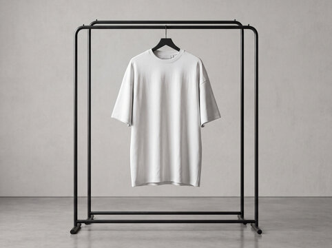 White T-Shirt Hanging on Rack Merchandise Design Showcase Mockup 3D Render Asset