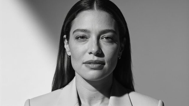 Light hitting, woman opening eyes and holding gaze, meeting camera in studio, in blazer, studs