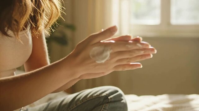 Applying woman rubbing cream, dollop on hand starting hydrating in sunlit bedroom, wearing tank top