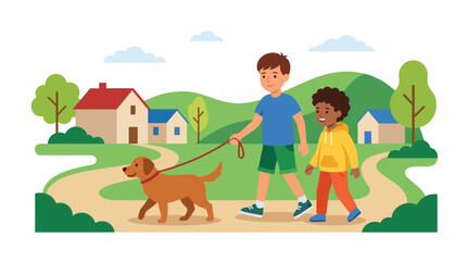 Naklejka premium Two boys walking a golden retriever in a suburban neighborhood scene