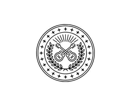 Musical Emblem with Crossed Acoustic Guitars and Laurel Wreath Line Art