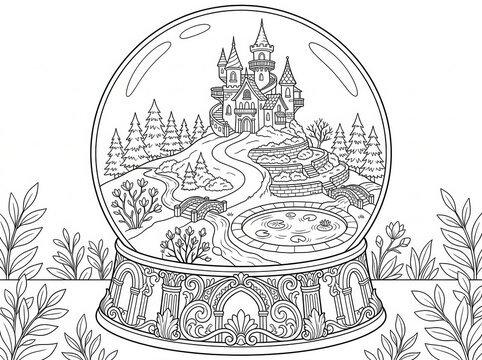 Enchanting castle inside a decorative snow globe coloring page for kids and adults