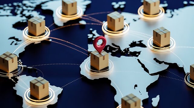 Global supply chain and logistics network concept featuring cardboard boxes on a map with glowing connection lines and a red location pin