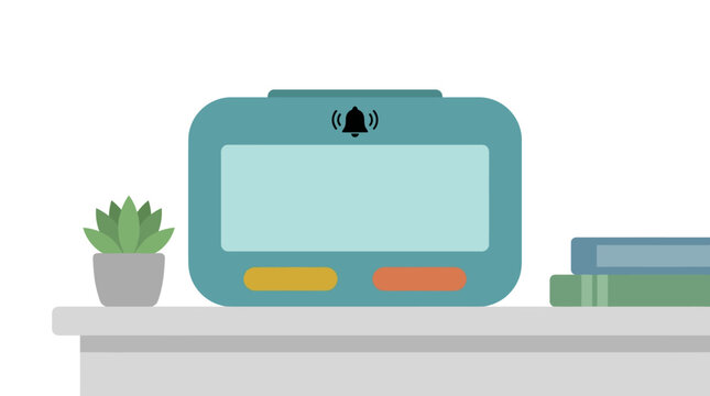 Digital alarm clock with bell icon sits on a light colored surface