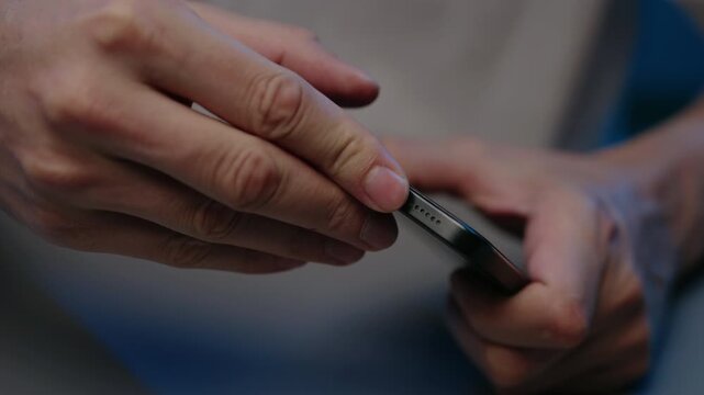 Close-up of hands removing small dust plug from charging port of modern smartphone, unplugging accessory to access connector for charging, data transfer. Shooting in slow motion.