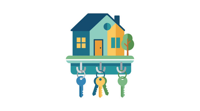 House illustration with keys hangs below on a white background