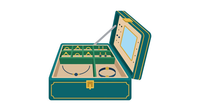 Open teal jewelry box with compartments and a small mirror inside