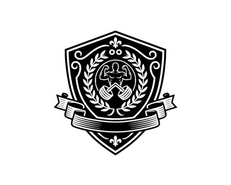 Bodybuilding crest emblem featuring a muscular man flexing with a dumbbell and laurel wreath