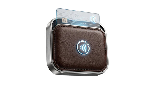 Digital leather wallet with transparent glass credit card represents secure mobile payment technology for modern financial applications and electronic banking.