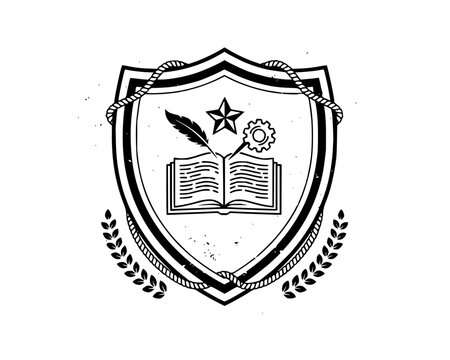Academic shield emblem with open book quill and gear for technical education and knowledge