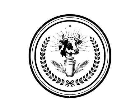 Dairy farm emblem with cow head milk jug and wheat in vintage engraving style