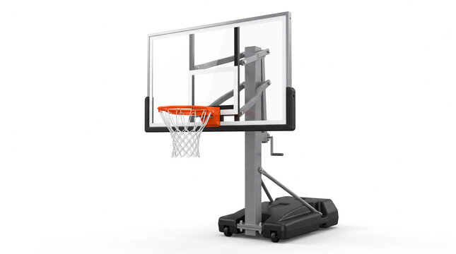 Photorealistic professional basketball hoop system with transparent rectangular backboard, bright orange metal rim, detailed white net and sturdy support structure