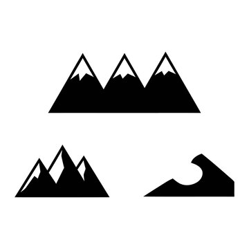 Minimalist mountain icons set, black and white peak silhouettes for outdoor branding. Geometric mountain range graphics, simple nature symbols for adventure logos and wilderness travel designs.