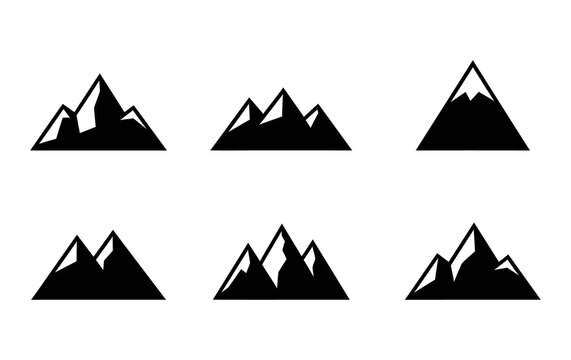 Minimalist mountain icons set, 6 black peak silhouettes for outdoor branding. Simple geometric mountain range graphics, flat vector style nature symbols for hiking logos and adventure travel.