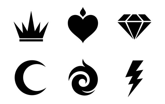 Minimalist black icons set featuring crown, heart, diamond, moon, swirl, and lightning bolt symbols. Modern flat graphic elements for logo design, branding, mobile apps, and UI interface kits.