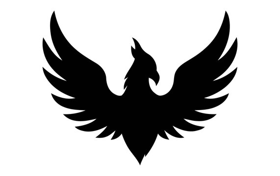 Phoenix silhouette with spreading wings, black mythical bird icon on white background. Majestic firebird graphic for logo design. Powerful eagle shape for sports branding and corporate identity.