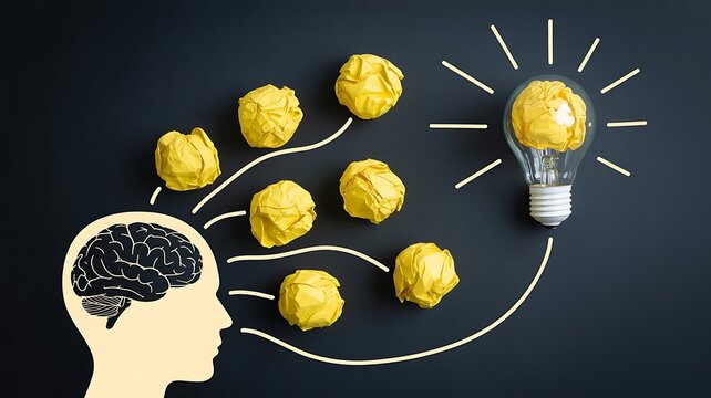 Human head silhouette with brain and yellow paper balls leading to a glowing light bulb on a dark background, representing creative thinking