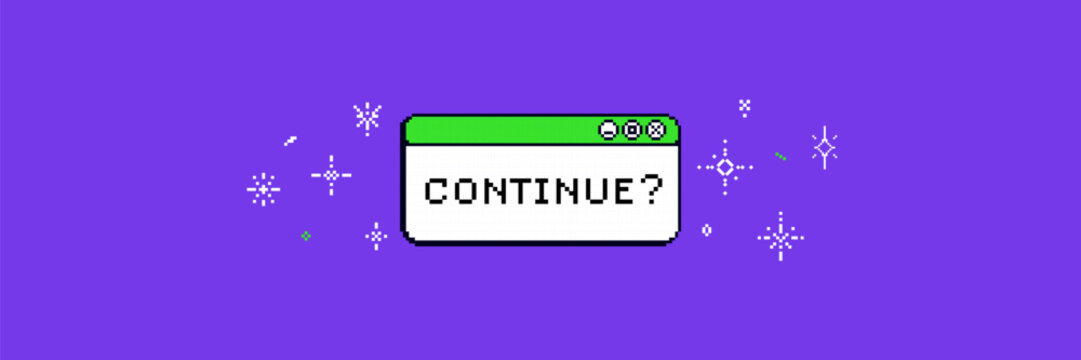 Purple pixel game background with text "continue" and 8bit sparkle, sticker. Game banner in 90s art vibe.