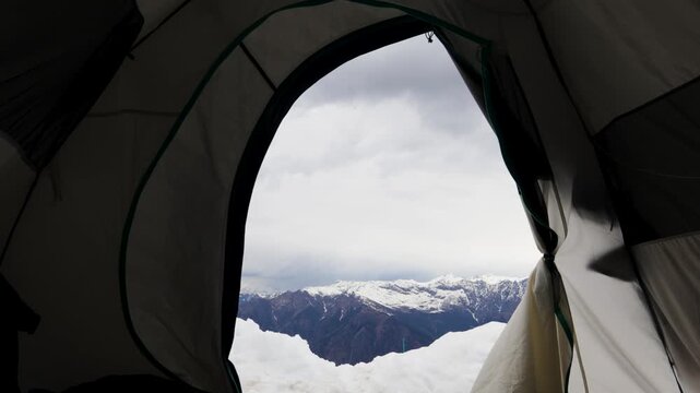 Winter Camping Tent With Spectacular Snow Capped Mountain View