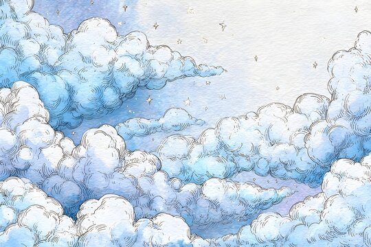 Hand drawn blue cloudscape with stars and textured watercolor sky background