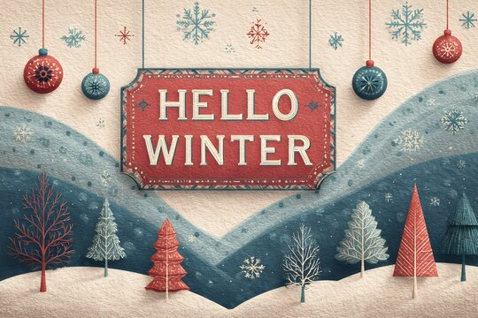 HELLO WINTER sign on textured paper with ornamented winter scene