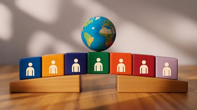 Miniature globe resting on a wooden bridge constructed of colorful wooden blocks with human figures representing global unity and diversity concepts