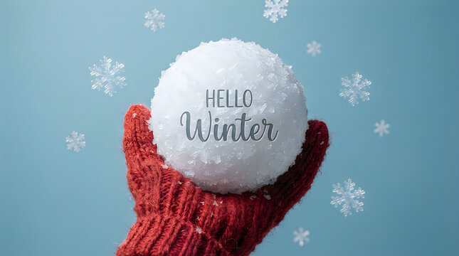 A hand wearing a red knitted mitten holding a snowball with hello winter text and falling snowflakes