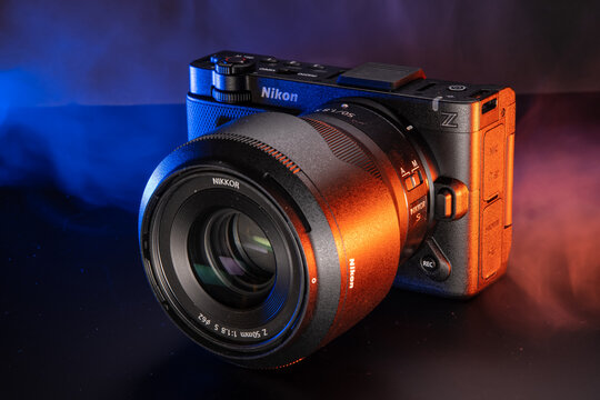 Milan, Italy - August 31, 2026: studio shot of a Nikon ZR resting on a black background.