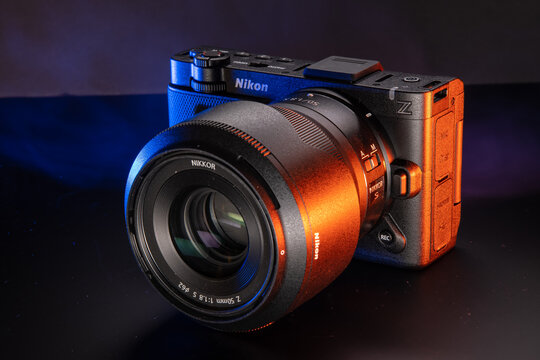 Milan, Italy - August 31, 2026: studio shot of a Nikon ZR resting on a black background.