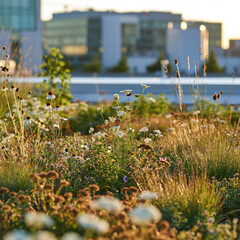 Obraz premium Green roof meadow with wildflowers and tall grasses in the city