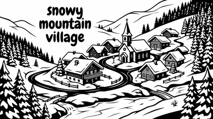 Naklejka premium snowy mountain village landscapes featuring alpine cottages snow covered rooftops winding roads wooden chalets pine forests frozen rivers church steeples and peaceful winter for travel tourism vector