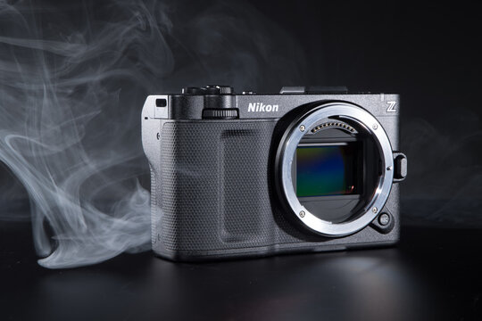 Milan, Italy - August 31, 2026: studio shot of a Nikon ZR resting on a black background.