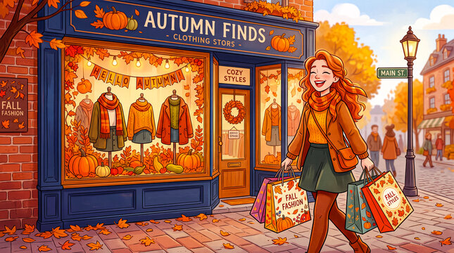 a happy cartoon woman with shopping bags decorated with fall leaves smiles brightly in front of a clothing store featuring a friendly autumn window display