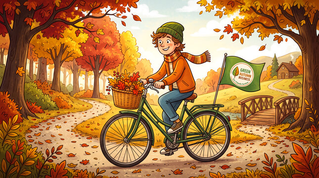 a cartoon character rides a bicycle with a basket full of fallen red and orange leaves and a flag on the back features a logo for a green autumn business