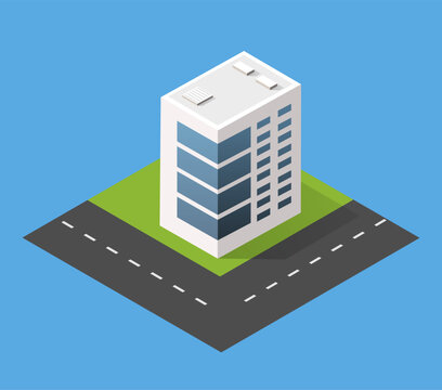 Isometric modern building with city street section