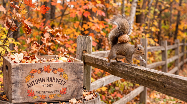 a playful squirrel is running on a fence and balancing a large nut with its tail a wooden crate in the foreground has a logo with autumn branding and leaves