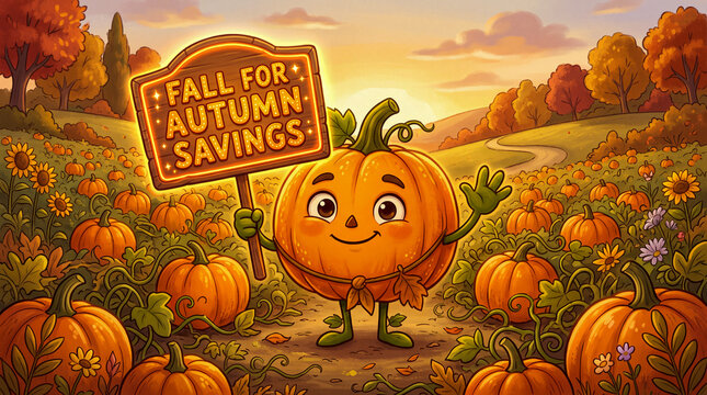 a friendly cartoon pumpkin character is waving and holds a glowing promotional sign which reads fall for autumn savings in bold orange letters in a field of pumpkins