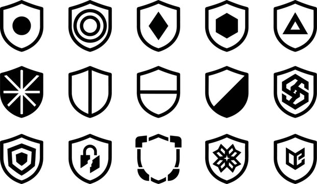 Set of fifteen black and white shield icons representing security protection safety and digital defense concepts