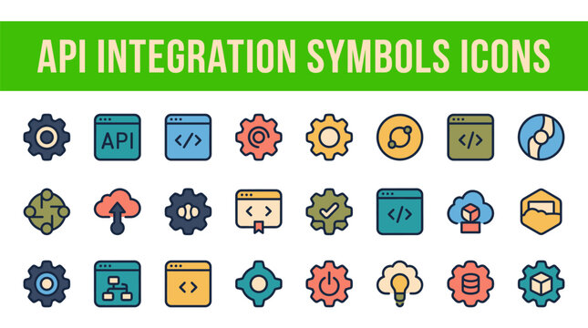 A collection of API integration symbols and icons featuring gears, code snippets, and cloud computing elements for software development, web interface design, and technical projects.