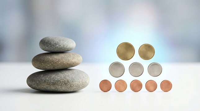 Calm commercial concept with Smooth balanced river stones arranged beside modest group of coins for lasting wealth accumulation, with subtle contemporary depth