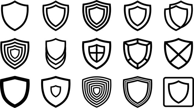 Collection of various shield icon designs representing security protection safety and defense in a simple line style