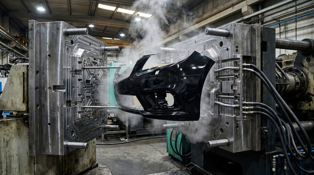 Industrial injection molding machine opens to reveal a freshly formed glossy black plastic automotive part. Steam rises from the complex steel mold cavity.