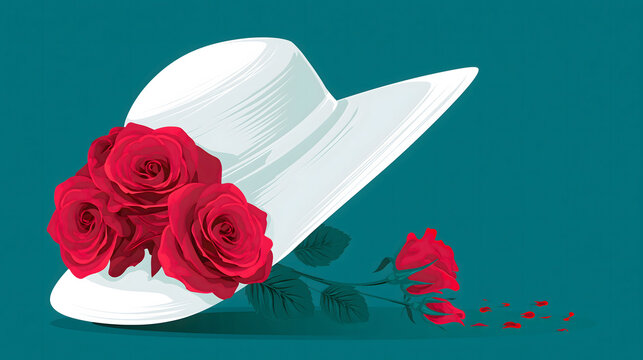 White hat with red roses resting on a teal background
