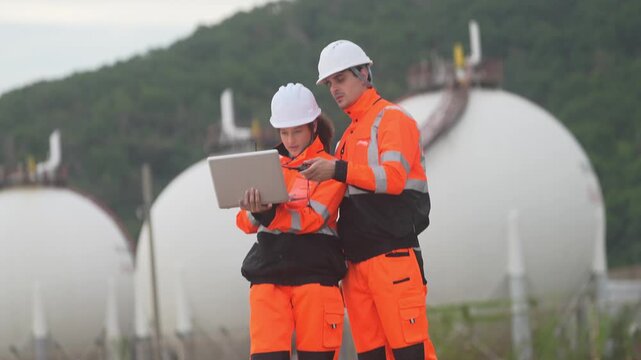 Industrial Collaboration: Two engineers in bright orange safety gear and hard hats collaborate, examining data on a laptop amidst large industrial storage tanks under a cloudy sky.
