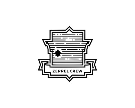 Retro line art badge with airship silhouette and crew text on a decorative ribbon banner