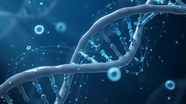 DNA double helix in biotechnology research with flowing biological data and molecular particles, representing genetics, pharmaceutical innovation and medical science
