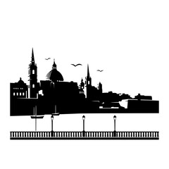 Fototapeta premium Waterfront City Silhouette with Cathedral Domes Boats and Promenade Railing with Lamps