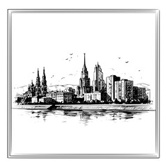 Fototapeta premium Framed pen and ink illustration of an urban skyline with a tall spire and river reflections