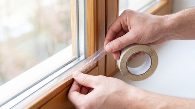 Man hands applying sealing tape on wooden window frame. Home insulation and weatherization work. Preparation of house for winter season, energy saving and heat retention concept.